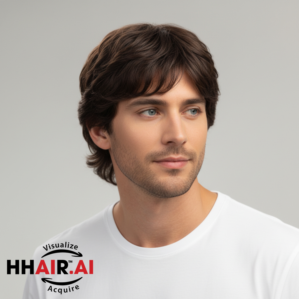 Men’s Full Wig – Layered Style with Side-Swept Bangs, Chocolate Brown