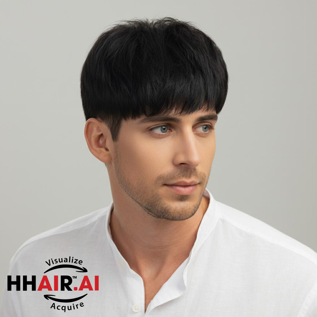 Men’s Top Hair System – Layered Style with Side-Swept Bangs, Dark Brown