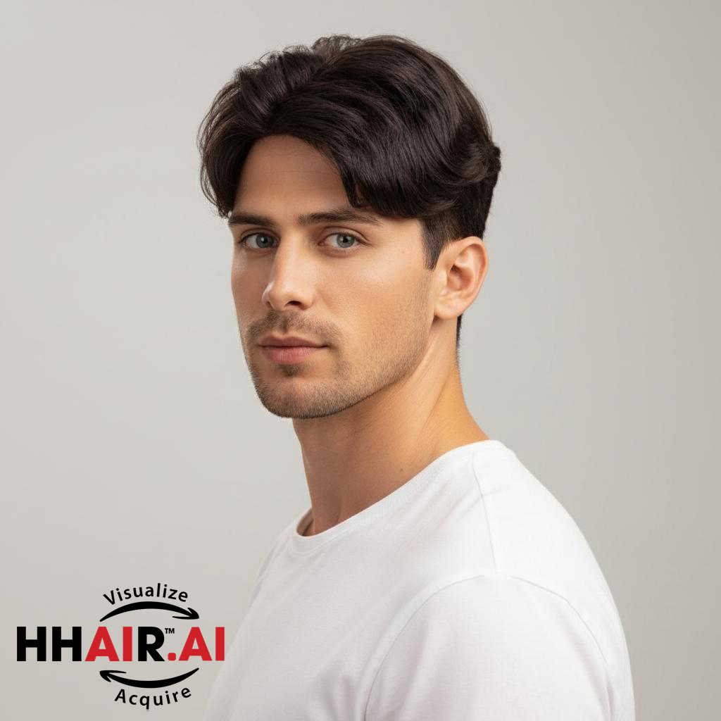 Men’s Top Hair System – 3D Ultra-Thin Skin, Side Part Slicked Down, Dark Brown