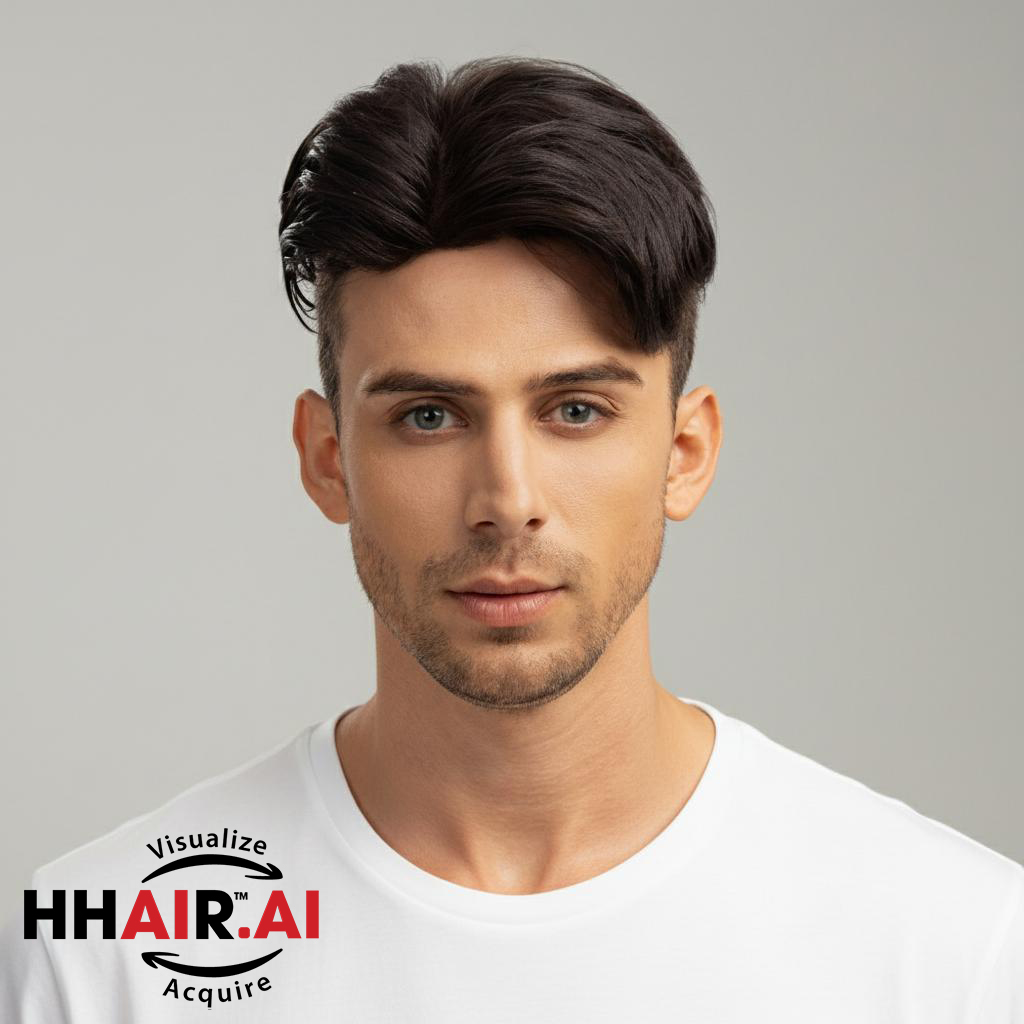 Men’s Top Hair System – 3D Ultra-Thin Skin, Side Part Slicked Down, Dark Brown