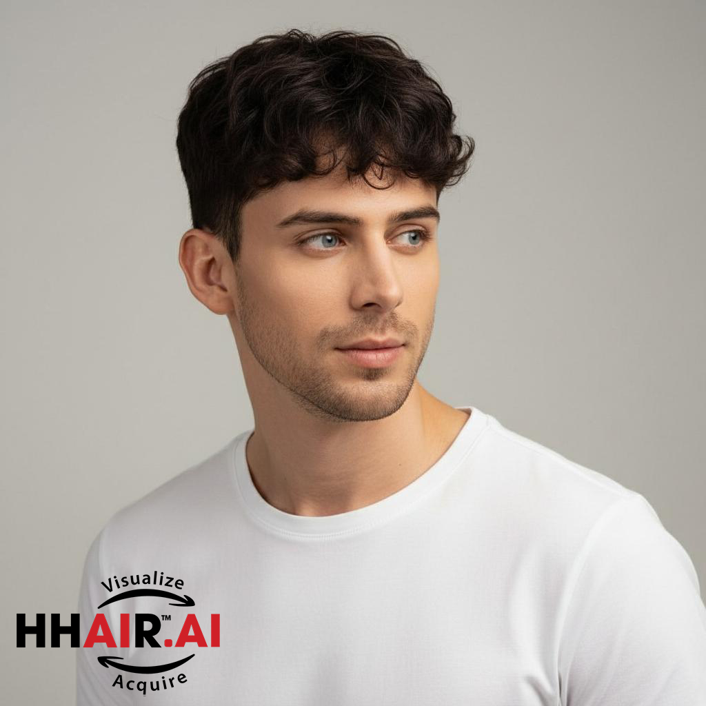 Men’s Top Hair System – Curly Layered Style, Dark Brown