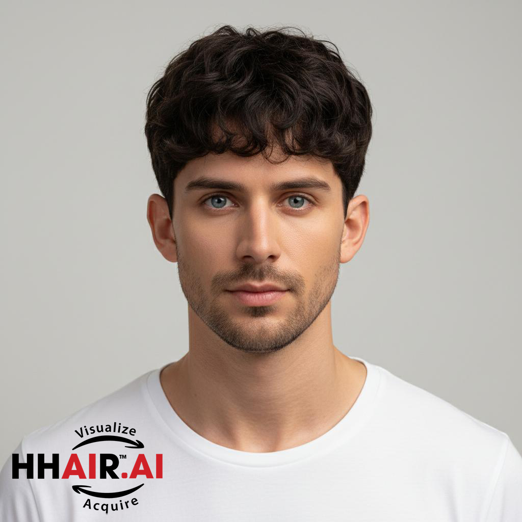 Men’s Top Hair System – Curly Layered Style, Dark Brown