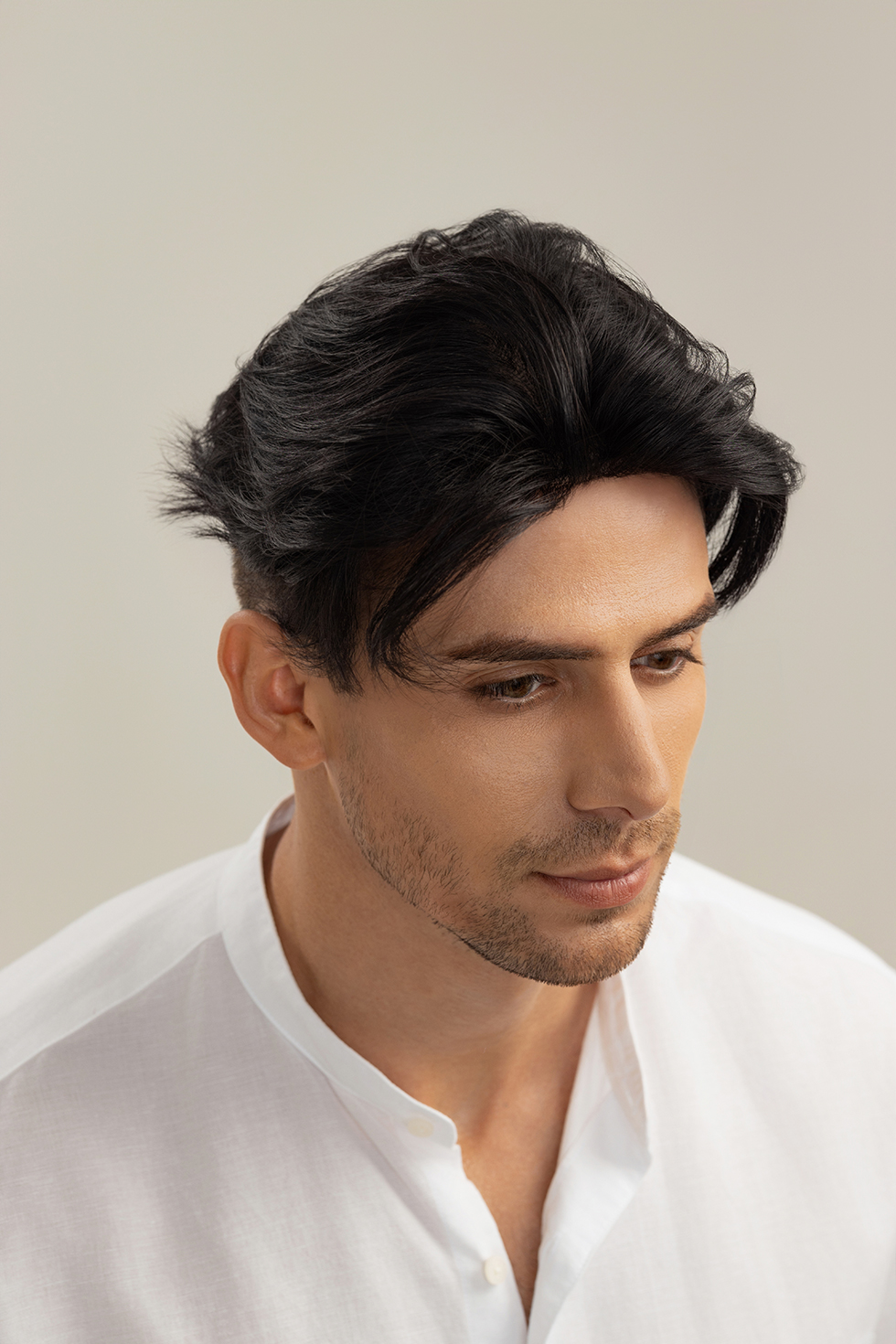 Men's Wig with MONO - Men's Topper Side Part Slicked Back Brown Black