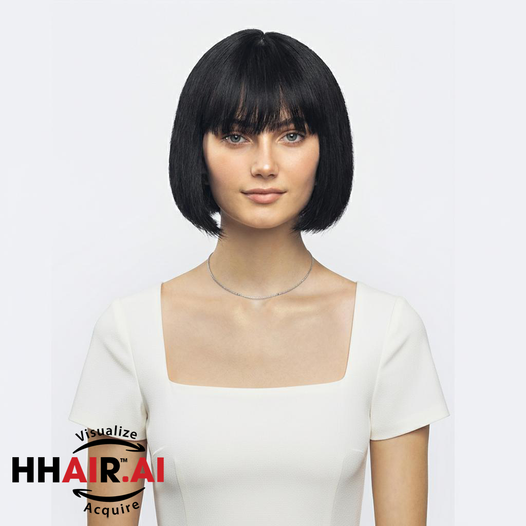 Short Handmade Human Hair Wig with Jet Black Wispy Bang