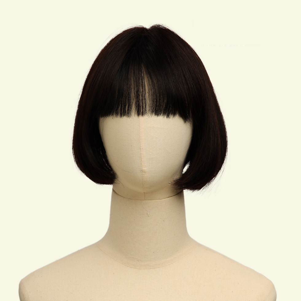 Short Handmade Human Hair Wig with Jet Black Wispy Bang
