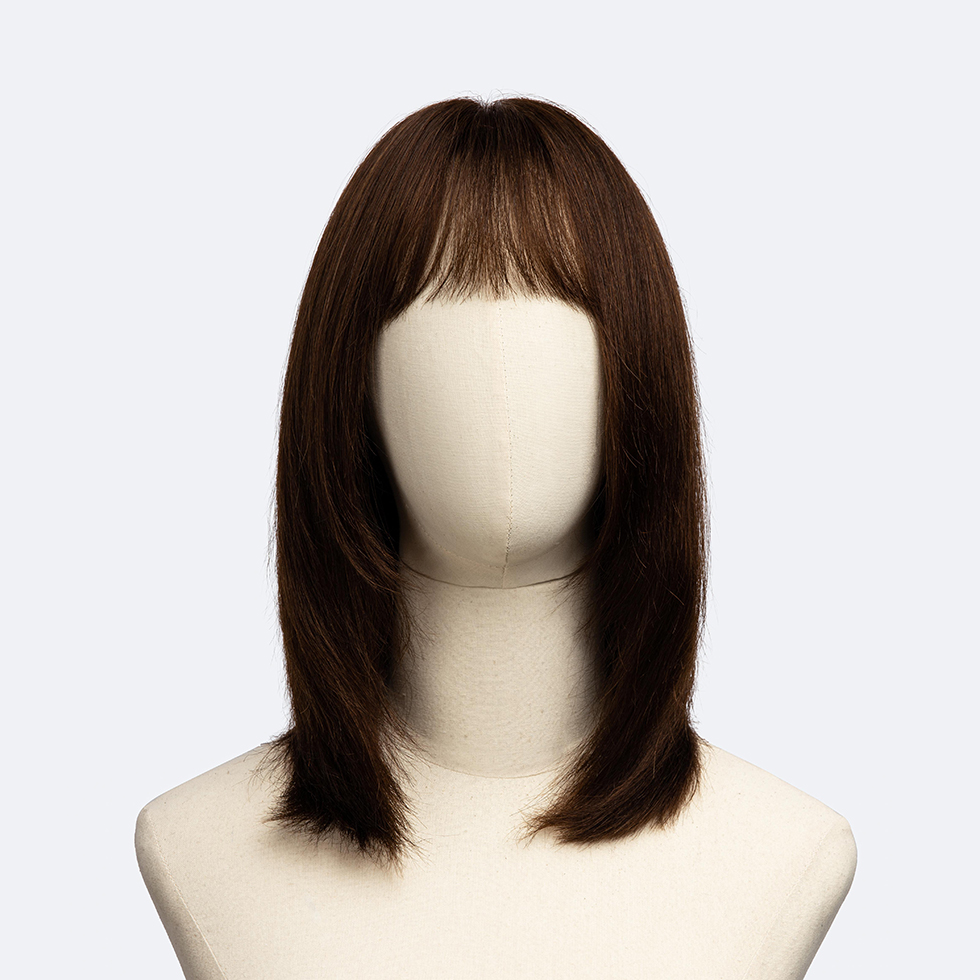 Long Straight Dark Brown Handmade Human Hair Wig with Wispy Bang