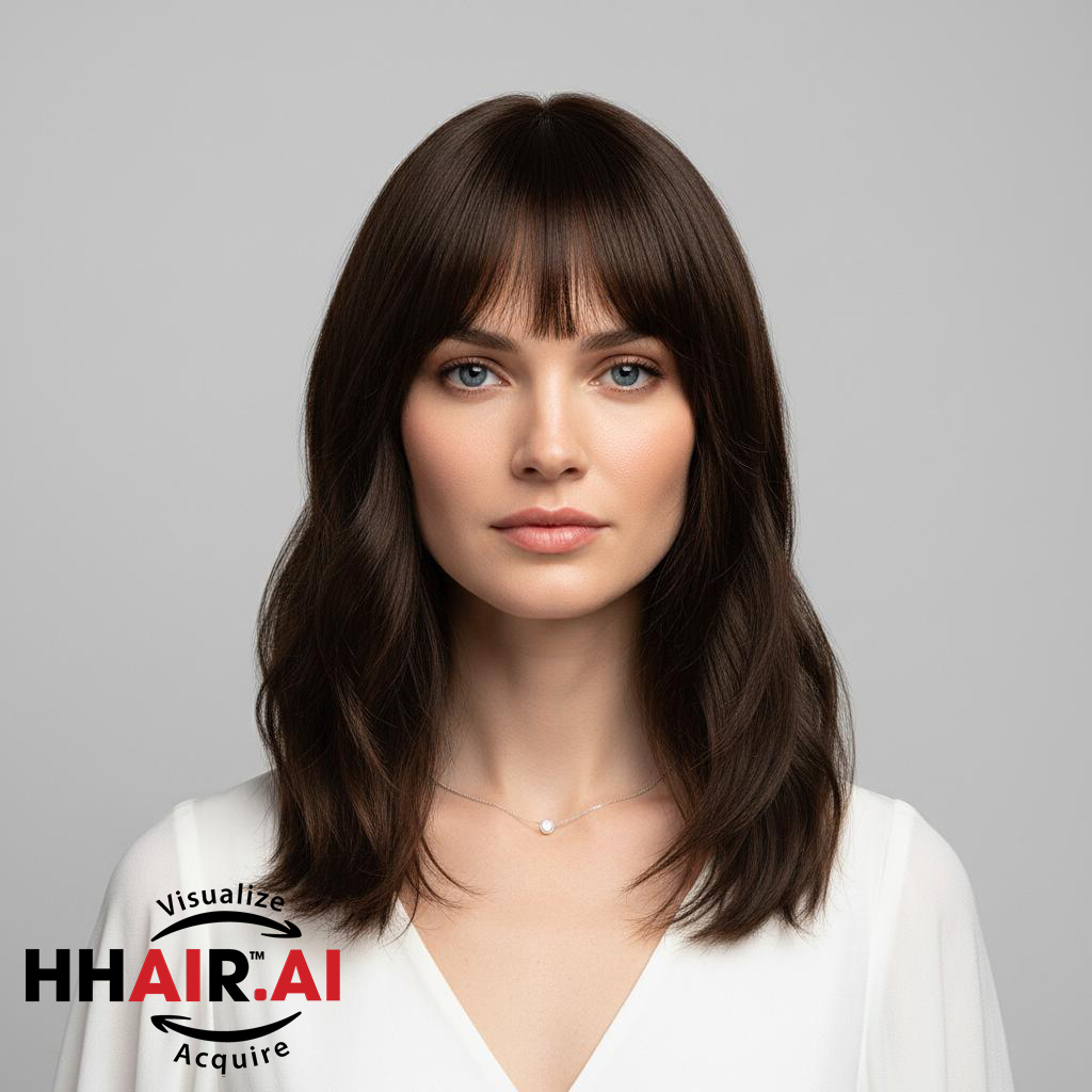 Long Straight Dark Brown Handmade Human Hair Wig with Wispy Bang